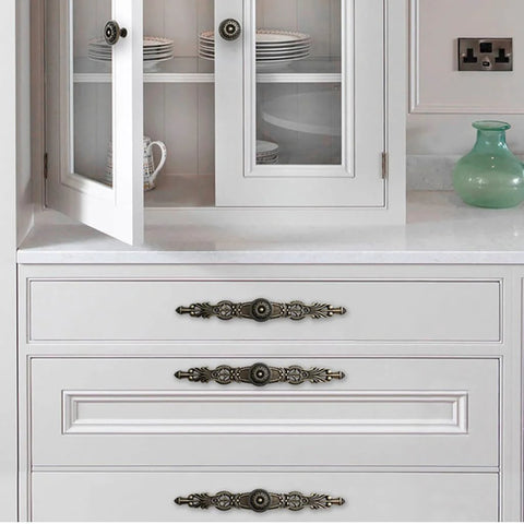 Antique Bronze Cabinet Pulls With Plate, 6.5 Inch Zinc Alloy Handles installed on white kitchen drawers