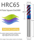Image showing specifications of a Five Piece One Eighth Inch Solid Carbide Square Nose End Mills Set Pro Grade with 4 flute CNC for stainless steel.