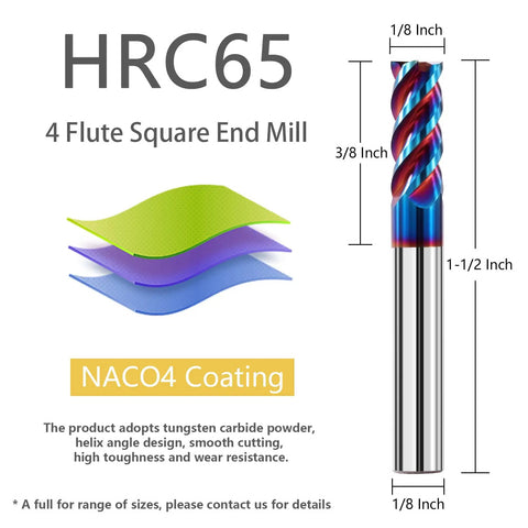 Image showing specifications of a Five Piece One Eighth Inch Solid Carbide Square Nose End Mills Set Pro Grade with 4 flute CNC for stainless steel.