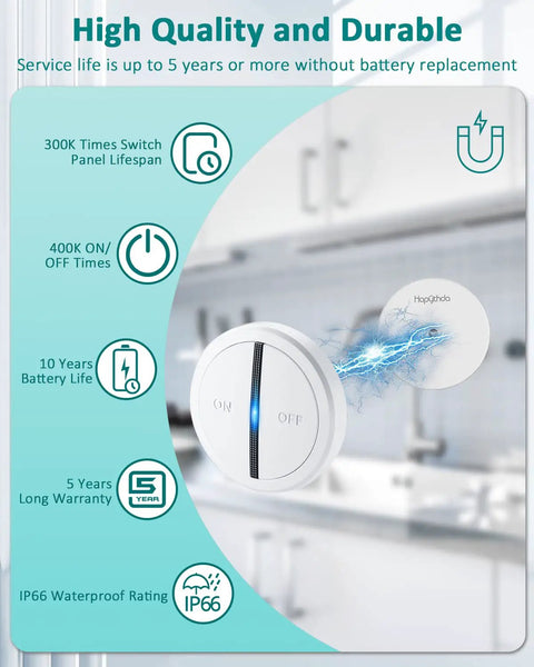 Wireless Garbage Disposal Switch With 500ft RF Range Magnetic Base Quick Install info graphic showing durability features.