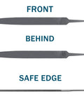 Front view of 6-inch flat hand file with double-cut teeth, high-carbon steel, no handle; behind view and safe edge shown.