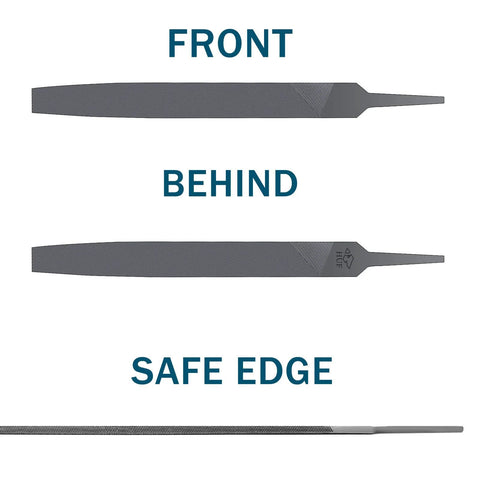 Front view of 6-inch flat hand file with double-cut teeth, high-carbon steel, no handle; behind view and safe edge shown.