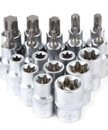 19 Piece 1/2 Inch Drive Star And Hex Socket Bit Kit With E Type Male And Female Wrenches displayed on a white background