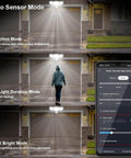 Smart Outdoor Motion Security Light 30W With WiFi App Control modes and settings displayed on a smartphone app screen near a garage.