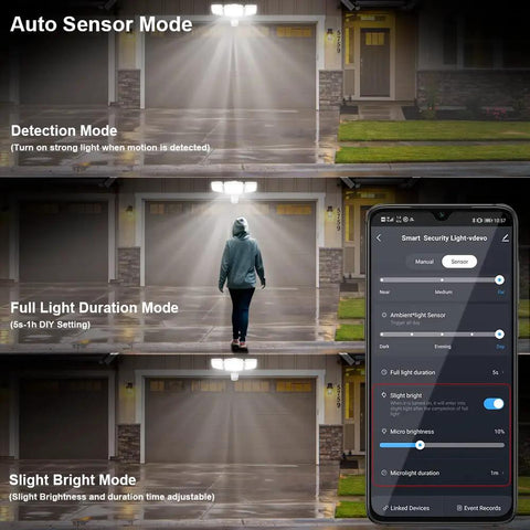 Smart Outdoor Motion Security Light 30W With WiFi App Control modes and settings displayed on a smartphone app screen near a garage.