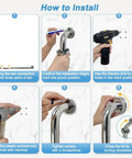 Installation steps for Heavy Duty Stainless Steel Shower Grab Bar For Seniors And Handicap Bathrooms, 24x36 hand rails with tools shown