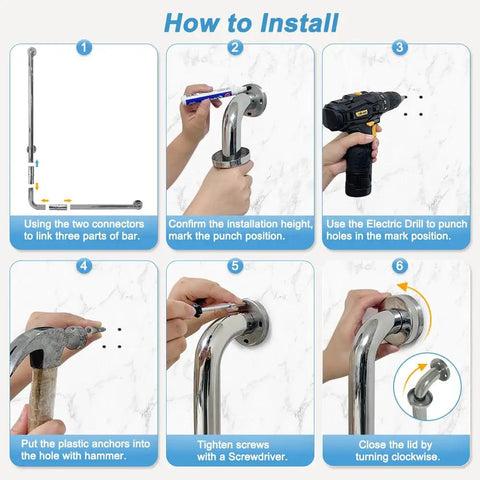 Installation steps for Heavy Duty Stainless Steel Shower Grab Bar For Seniors And Handicap Bathrooms, 24x36 hand rails with tools shown