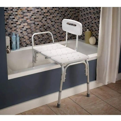 Adjustable Height Shower Bench And Transfer Chair For Elderly And Disabled with no tools needed, shown on a bathtub