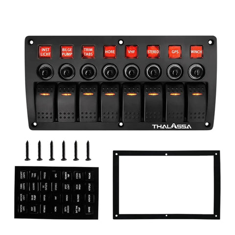 Beefy 8 Gang Marine Rocker Switch Panel Waterproof With Circuit Breaker 12V On Off Toggle Panel Red LED Indicator For Boats RVs Cars Trucks Yachts And More, including screws and labels.