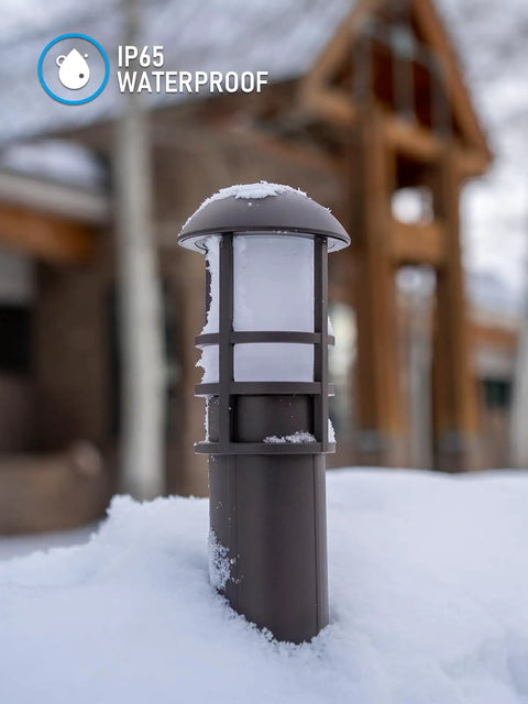 8-Pack Low Voltage Landscape Pathway Lights 3W Bollard LED 12 To 24 V, 3000K Warm White, snow-covered, outdoor setting