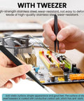 Close-up of a hand using a tweezer on a circuit board next to a Round Doorbell Button Replacement Kit.