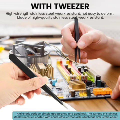 Close-up of a hand using a tweezer on a circuit board next to a Round Doorbell Button Replacement Kit.