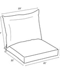Diagram of Outdoor Dining Chair Cushion Set 21 By 21 Inches In Sapphire Blue Rainproof And Fade Resistant Includes One Back Pillow And One Seat Bottom Eco Friendly PFAS Free C0 Treatment With Recycled Polyfill And Polyester Fill Fits Most Chairs, showing dimensions.
