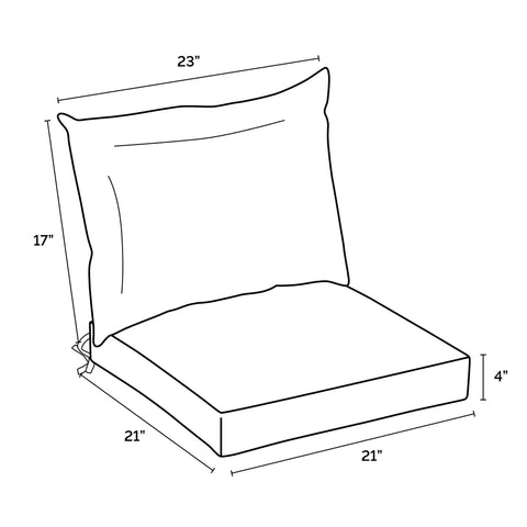 Diagram of Outdoor Dining Chair Cushion Set 21 By 21 Inches In Sapphire Blue Rainproof And Fade Resistant Includes One Back Pillow And One Seat Bottom Eco Friendly PFAS Free C0 Treatment With Recycled Polyfill And Polyester Fill Fits Most Chairs, showing dimensions.