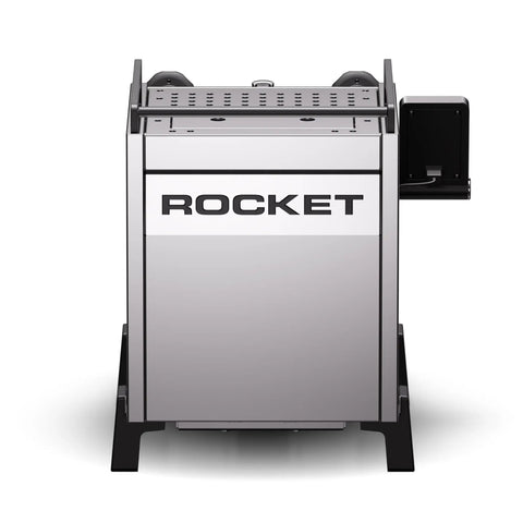 Heavy Duty Dual Boiler Espresso Machine Featuring Programmable Pre And Post Infusion Slick Stainless Finish front view with logo