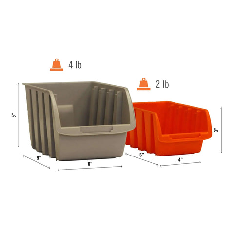 Gray and orange bins showing dimensions and weight, part of Rolling Storage Bin Rack And Parts Organizer With Dual Sided Shelves 7 Tier Cart Pro Grade For Garage And Workshop Nut And Bolt Organizer Tools And Hardware Storage On Wheels Heavy Duty 330 Pound Capacity Black.