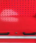 Heavy Duty Metal Tool Cabinet With Lockable Steel Chest, Large Capacity Garage Workshop Storage Cabinet For Tools, Rugged Construction, Durable Steel Tool Chest For Home Garage And Commercial Shop Organization. Red steel cabinet front with pegboard and drawer handles