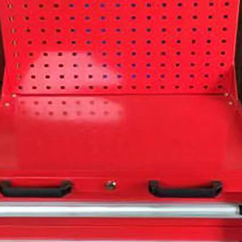 Heavy Duty Metal Tool Cabinet With Lockable Steel Chest, Large Capacity Garage Workshop Storage Cabinet For Tools, Rugged Construction, Durable Steel Tool Chest For Home Garage And Commercial Shop Organization. Red steel cabinet front with pegboard and drawer handles