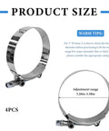 Front view: four stainless steel T-bolt hose clamps, adjustable 83–91 mm (3.26–3.58 in) for 3-inch hoses.