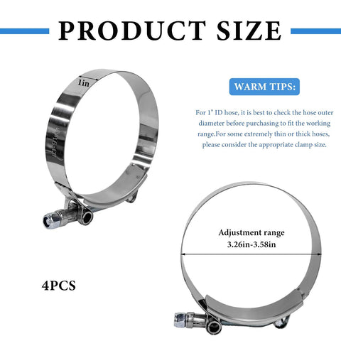 Front view: four stainless steel T-bolt hose clamps, adjustable 83–91 mm (3.26–3.58 in) for 3-inch hoses.