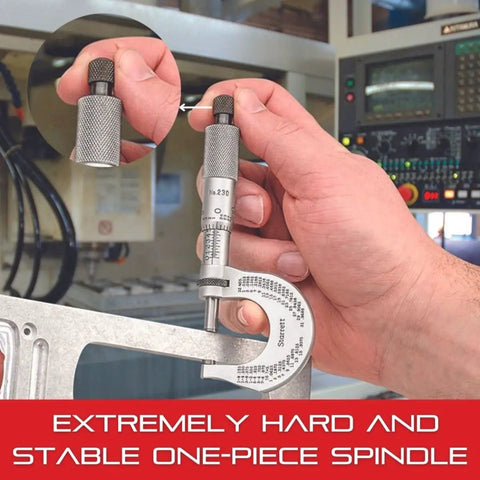 Hand using Beefed Up Outside Micrometer With One Piece Spindle And Tapered Frame For Narrow Slots Quick And Easy Adjustment