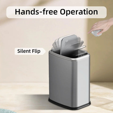 Slim Swing-Top Rectangular Trash Can 8L Stainless Steel, showing swing lid and hands-free operation