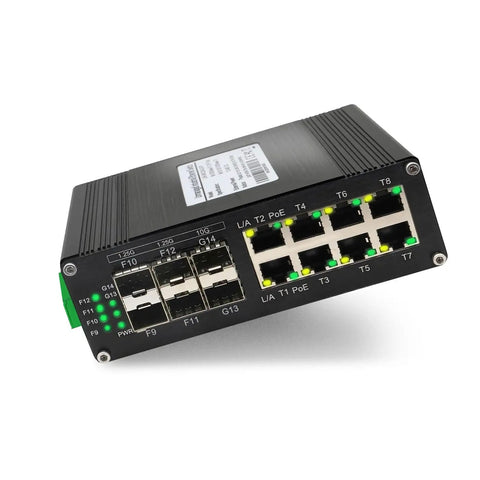 Beefy 10G Ethernet PoE Switch with two 10G SFP plus ports four Gigabit SFP slots eight RJ45 ports DIN rail mount front view