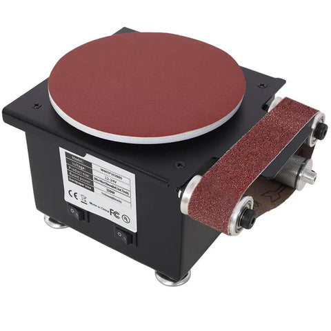 Mini Belt Sander Knife Sharpener 7 Speed Electric Grinder With Sanding Disc Forward Reverse Control Bench Polisher with red sanding disc.