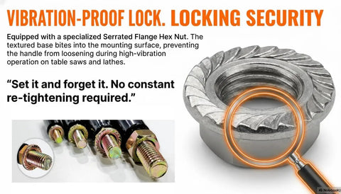 Vibration-proof hex nut for secure mounting on tools, part of the Heavy Duty Swivel Handwheel And Trailer Jack Handle Replacement With M8x1.25 Threads.