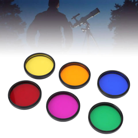 6 Piece 2 Inch Telescope Eyepiece Filter Kit Moon Filter With M48x0.75mm Threads Eyepiece Filters In Storage Case For Planetary Observation And Space Exploration displayed against a silhouette of a telescope.
