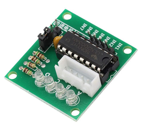 ULN2003 driver board for 28BYJ-48 5V stepper motor; green PCB with white connector and five LEDs