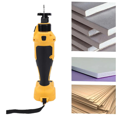 Cordless Drywall Cutout Tool with Brushless Motor, 30000 RPM, 3 Speed Settings, LED Light, shown with drywall and wood materials