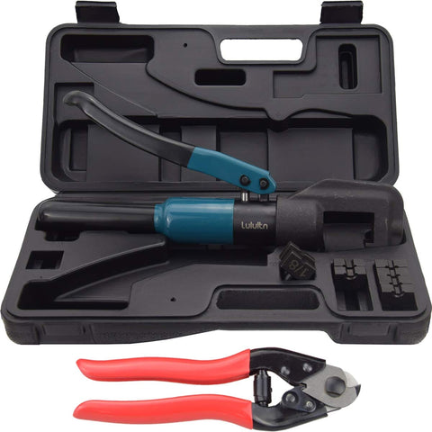 Pro Grade Hydraulic Crimper Tool for 1/8 Inch Stainless Steel Cable Railing Fittings with Custom Dies and Carrying Case