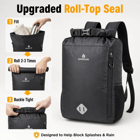 20L Waterproof Dry Bag Backpack With Waist Pouch And Phone Case Roll Top Marine Gear Bag showing filling, rolling, buckling steps
