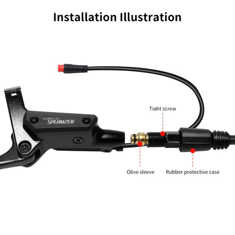 ZTZ 4-piston eBike hydraulic brake set installation diagram: black lever with hose, olive sleeve, rubber protective case