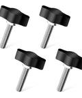 Four Piece Heavy Duty Stainless Steel Wing Knob Set Featuring Quarter Inch Coarse Thread And Rugged Black Grip for secure fastening.