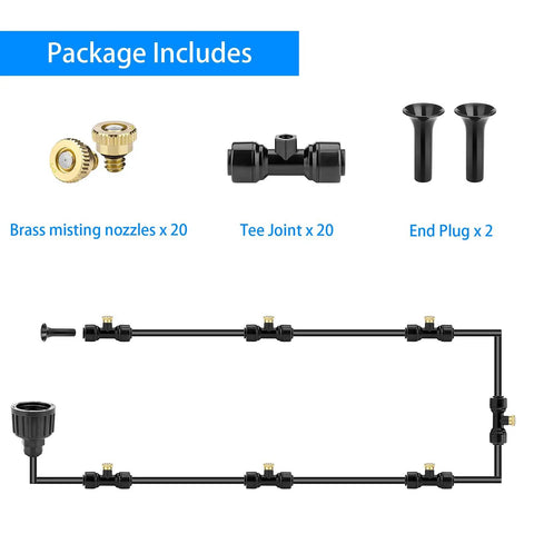 20 Pack Brass Misting Nozzles, 20 Pack Misting Nozzle Tees, And 2 End Plugs For Outdoor Patio Cooling System Bundle components shown