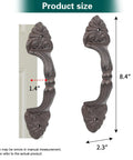 Vintage Cast Iron Door Handle Set 2 Pack Built Tough For Farmhouse Style Cabinet Pulls And Sliding Doors Fence Gates Cupboards Durable Antique Brown Finish - Product size illustration with measurements 8.4x2.3x1.4 inches