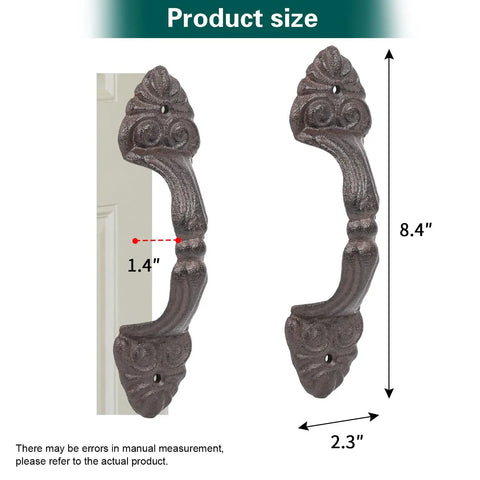 Vintage Cast Iron Door Handle Set 2 Pack Built Tough For Farmhouse Style Cabinet Pulls And Sliding Doors Fence Gates Cupboards Durable Antique Brown Finish - Product size illustration with measurements 8.4x2.3x1.4 inches