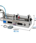 Horizontal Pneumatic Liquid Filling Machine Stainless Steel Single Head Bottle Filler on a workbench with dimensions shown.