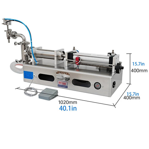 Horizontal Pneumatic Liquid Filling Machine Stainless Steel Single Head Bottle Filler on a workbench with dimensions shown.