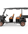 Four Seater Electric Golf Cart With Forty Eight Volt Battery And Full Weatherproof Body Rolls Tight To Sixteen Mph Plus Five Hour Fast Charging with orange seats.