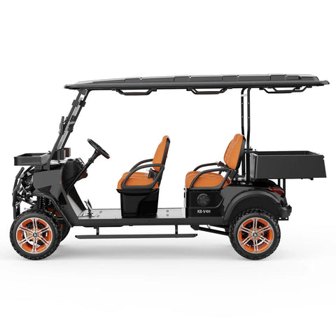 Four Seater Electric Golf Cart With Forty Eight Volt Battery And Full Weatherproof Body Rolls Tight To Sixteen Mph Plus Five Hour Fast Charging with orange seats.