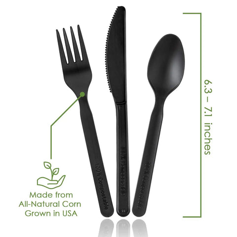 Fully Compostable 380 Piece Cutlery Set With 7 Inch Forks Spoons And Knives In Black Tray Eco Friendly Durable Heat Resistant Plastic Alternative For Parties And Events Great For Camping Picnic Catering And Office Lunches, black fork knife and spoon, 6.3–7.1 inches