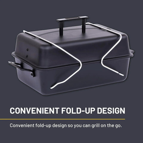 Portable Propane Gas Grill With Convective Heat, One Burner, 190 Square Inches Of Cooking Space, Durable Porcelain Coated Grates, Easy Clean, Lightweight Outdoor Grill For Camping, Tailgate And Patio Use, shown closed from above highlighting fold-up design