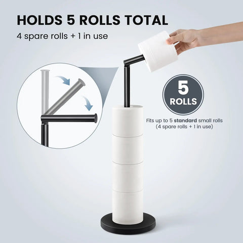 Freestanding Toilet Paper Holder Stand With Extra Heavy Weighted Base And Non Slip Mat Sleek Black Modern Bath Decor Dang Stable showing 5 rolls total, 4 spare rolls plus 1 in use.