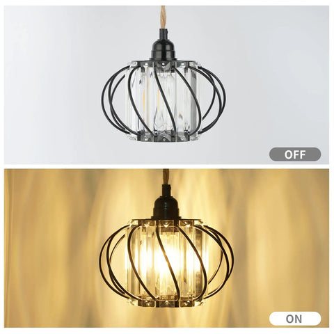 Industrial Pendant Light With Crystal Elements And Plug In Cord, 16.4Ft Hemp Rope Hanging Lamp In Black Cage, off and on
