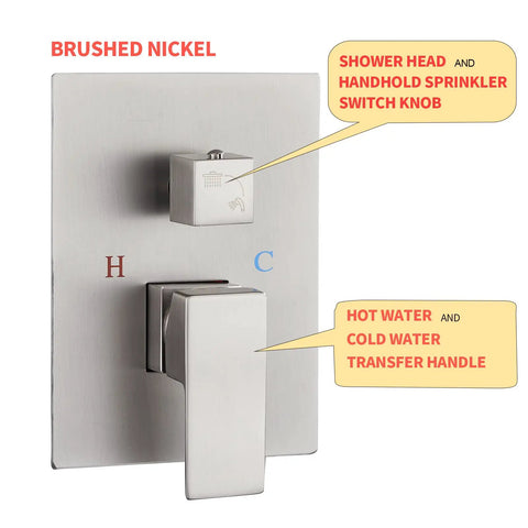 10 Inch Brushed Nickel Rain Shower System With Handheld Spray Square Shower Head Combo Set Wall Mounted lever detail