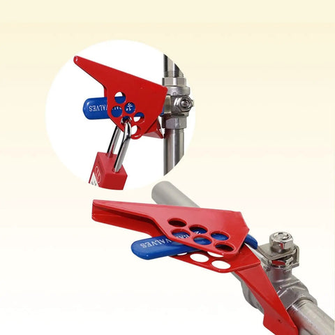Red Stainless Steel Ball And Gate Valve Lockout Device installed on a metal pipe, showcasing rust-resistant safety mechanism for maintenance.