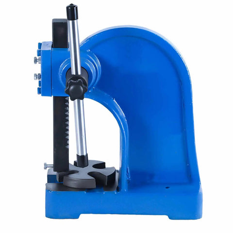 Heavy Duty 1 Ton Manual Arbor Press Straight Up Built Tough Rock Solid Cast Iron Punch Machine side view with anvil and lever.